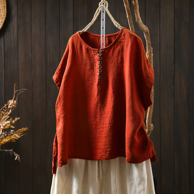 Summer Linen Breathable Round Neck Loose Casual Tops