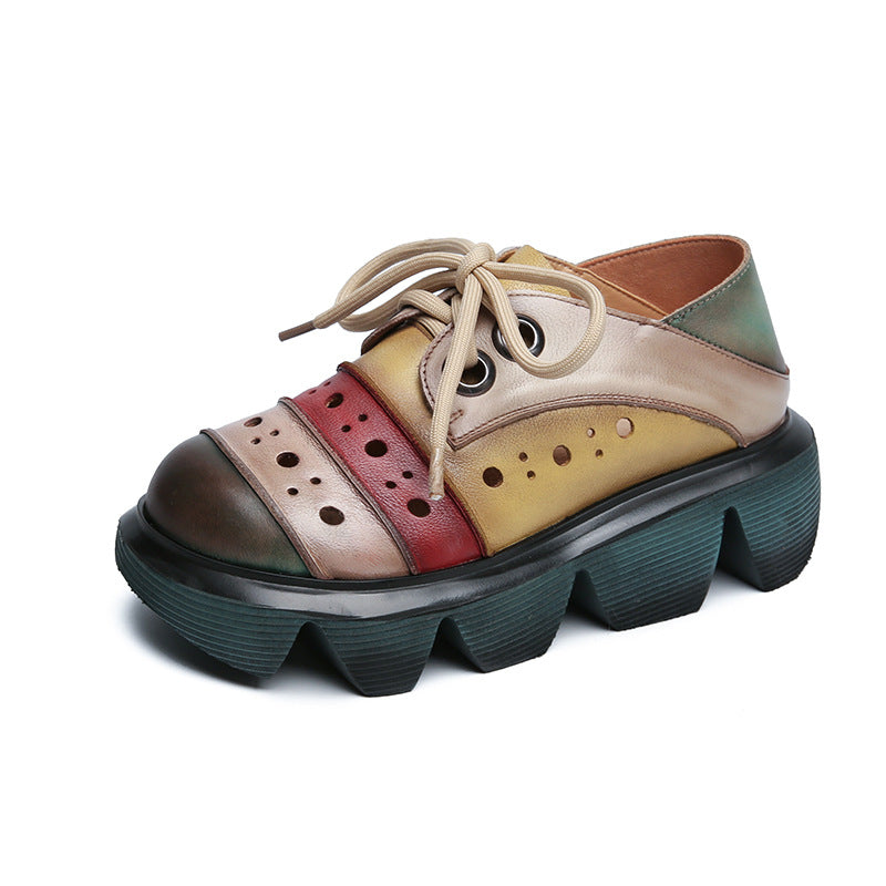 Women Color Block Platform Retro Perforated Leather Casual Shoes