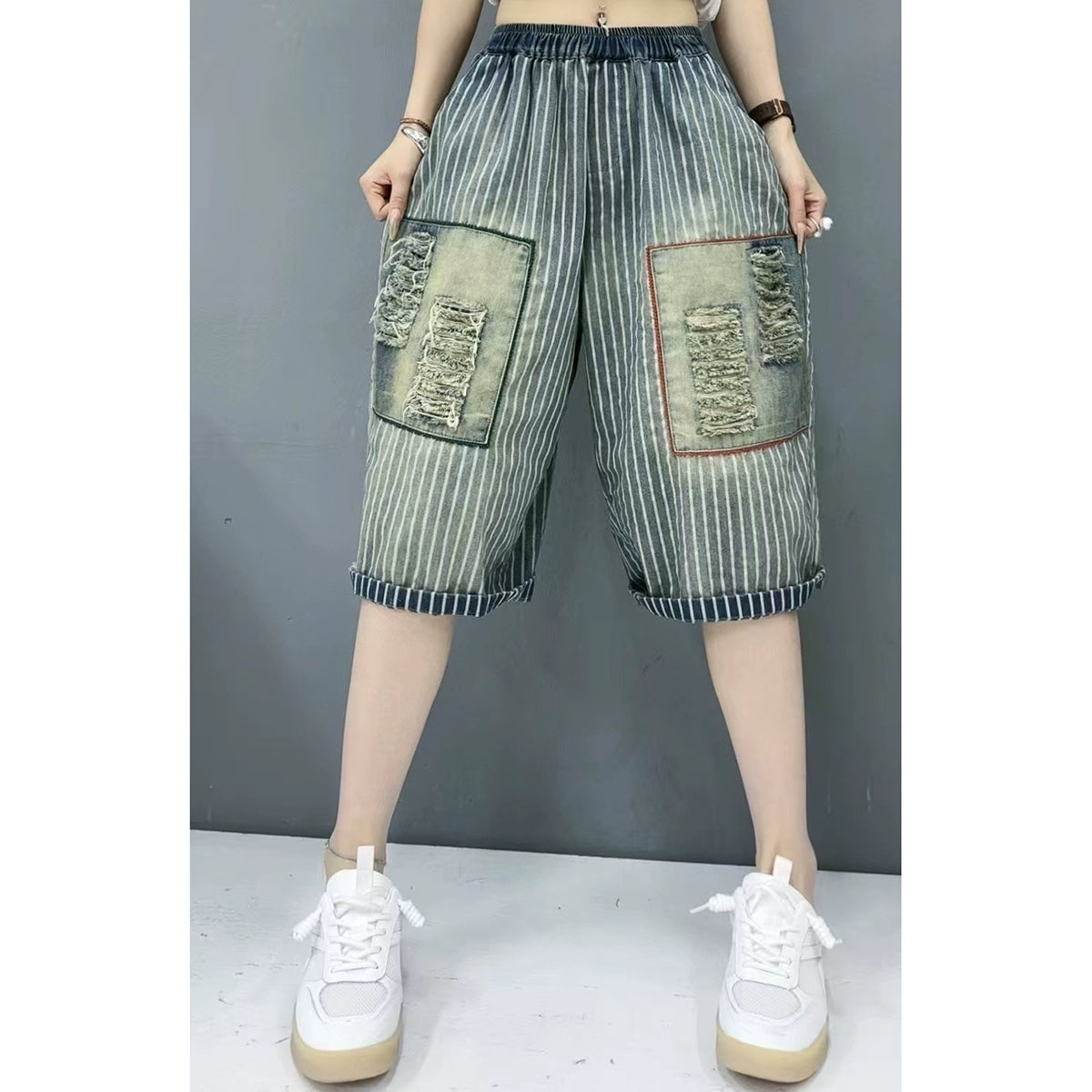 Summer Women Denim Loose Striped Patchwork Harem Shorts