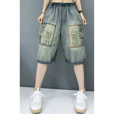 Summer Women Denim Loose Striped Patchwork Harem Shorts