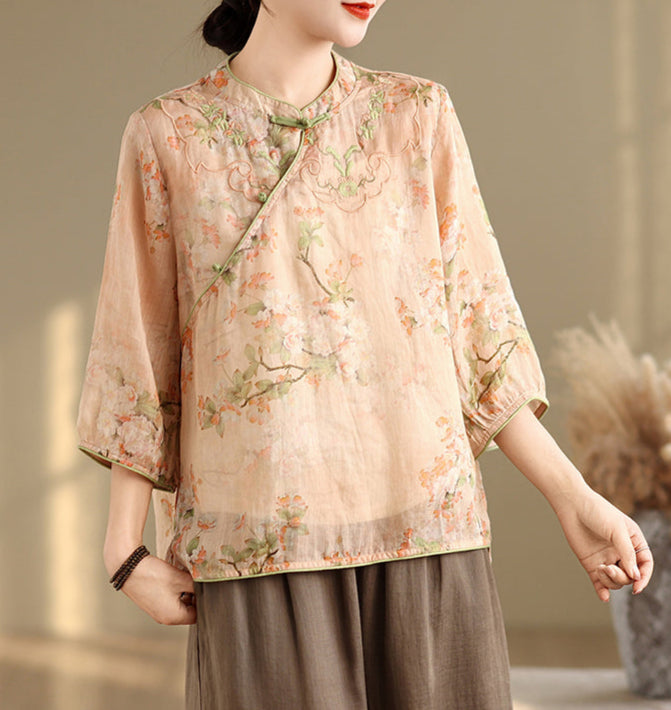 Ladies Elegant Chinese Style Embroidered Buttoned Ramie Blouse
