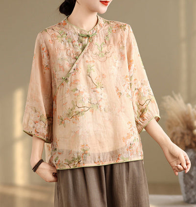 Ladies Elegant Chinese Style Embroidered Buttoned Ramie Blouse