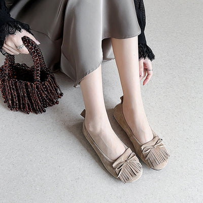 Women Retro Sheepskin Leather Round Toe Bow Tassel Soft Shoes