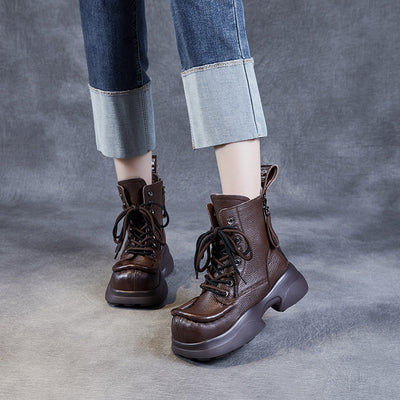 Ladies Stylish Square Toe Platform Lace-Up Leather Martin Boots