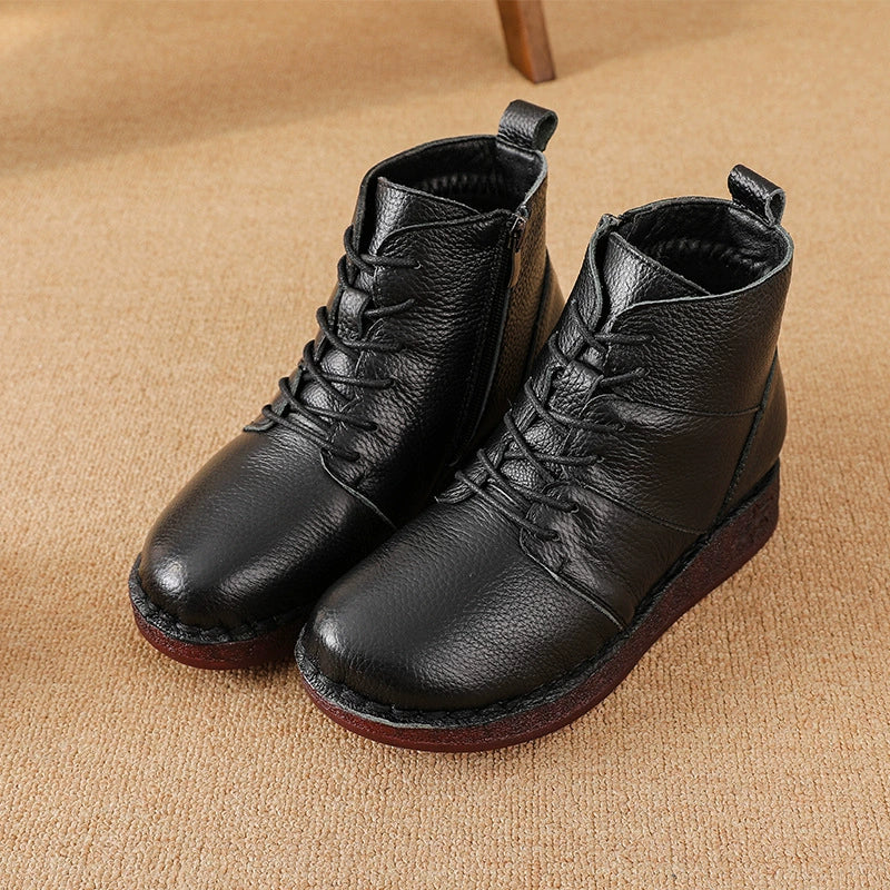 Winter Vintage Top Leather Wide Toe Lace-Up Fleece-In Boots