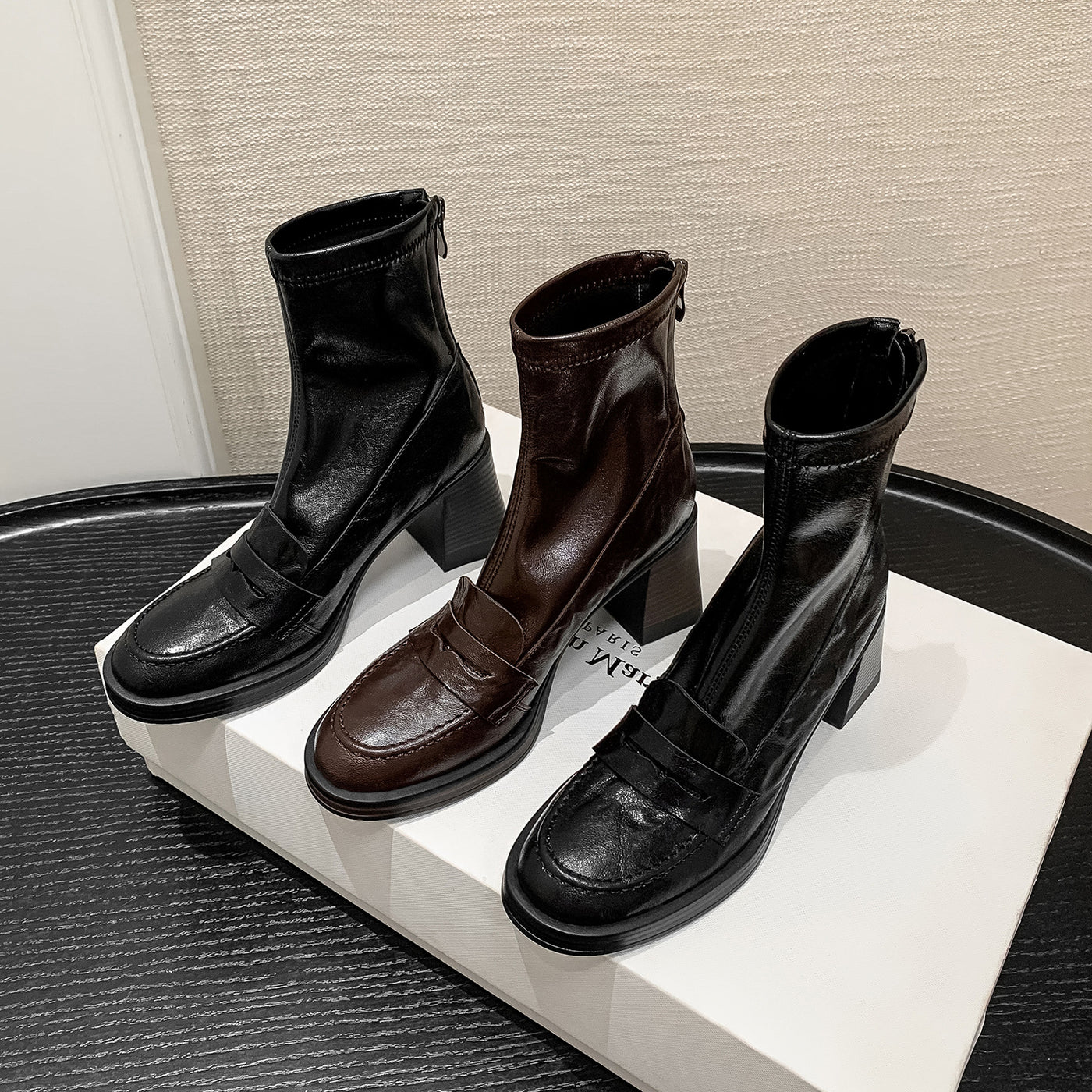 Women Elegant Sheepskin Leather Chunky Zipper Mid-Calf Boots