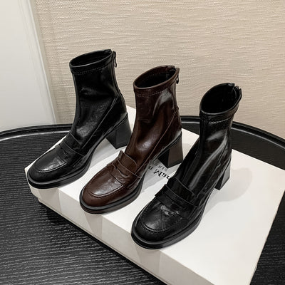 Women Elegant Sheepskin Leather Chunky Zipper Mid-Calf Boots