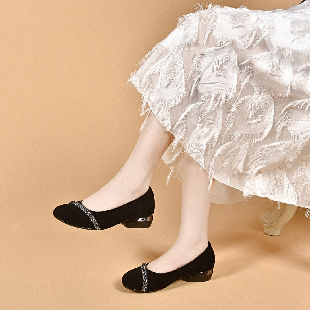 Summer Elegant Leather Round Toe Sueded Chunky Sandals