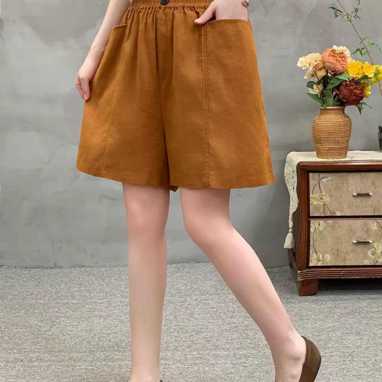 Summer Retro Ramie Comfortable High Elastic Waist Shorts