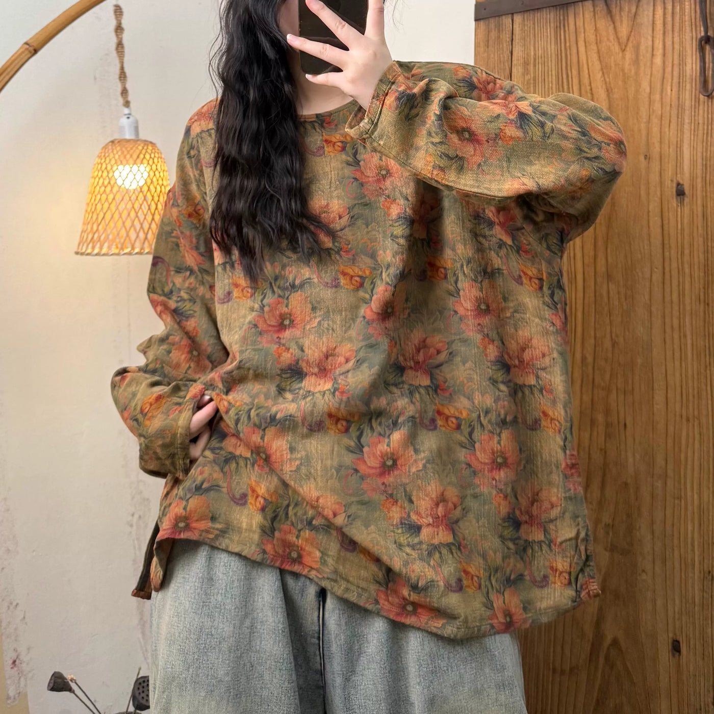 Women Spring Retro Cotton Printed Floral Casual Loose Shirt
