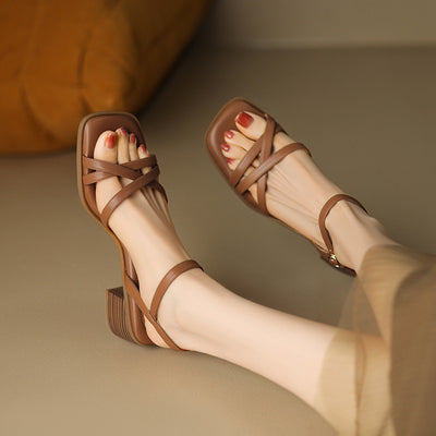 Babakud Retro Genuine Leather Open Toe Chunky Woven Sandals