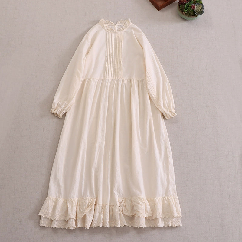 Women Spring Retro Cotton Ruffle Collar Loose Long-Sleeve Dress