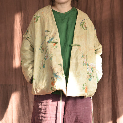 Women Chinese Style Vintage Printed Cotton Linen Coat