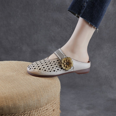 Babakud Retro Leather Hollow Soft Sole Flower Velcro Flats