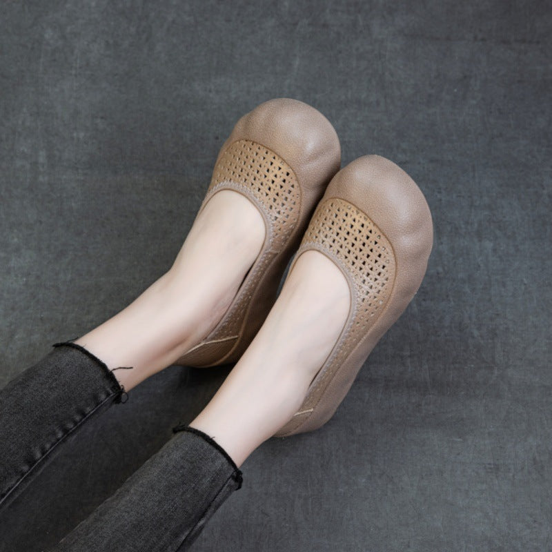 Summer Retro Leather Soft Flat Sole Hollow No Slip Shoes