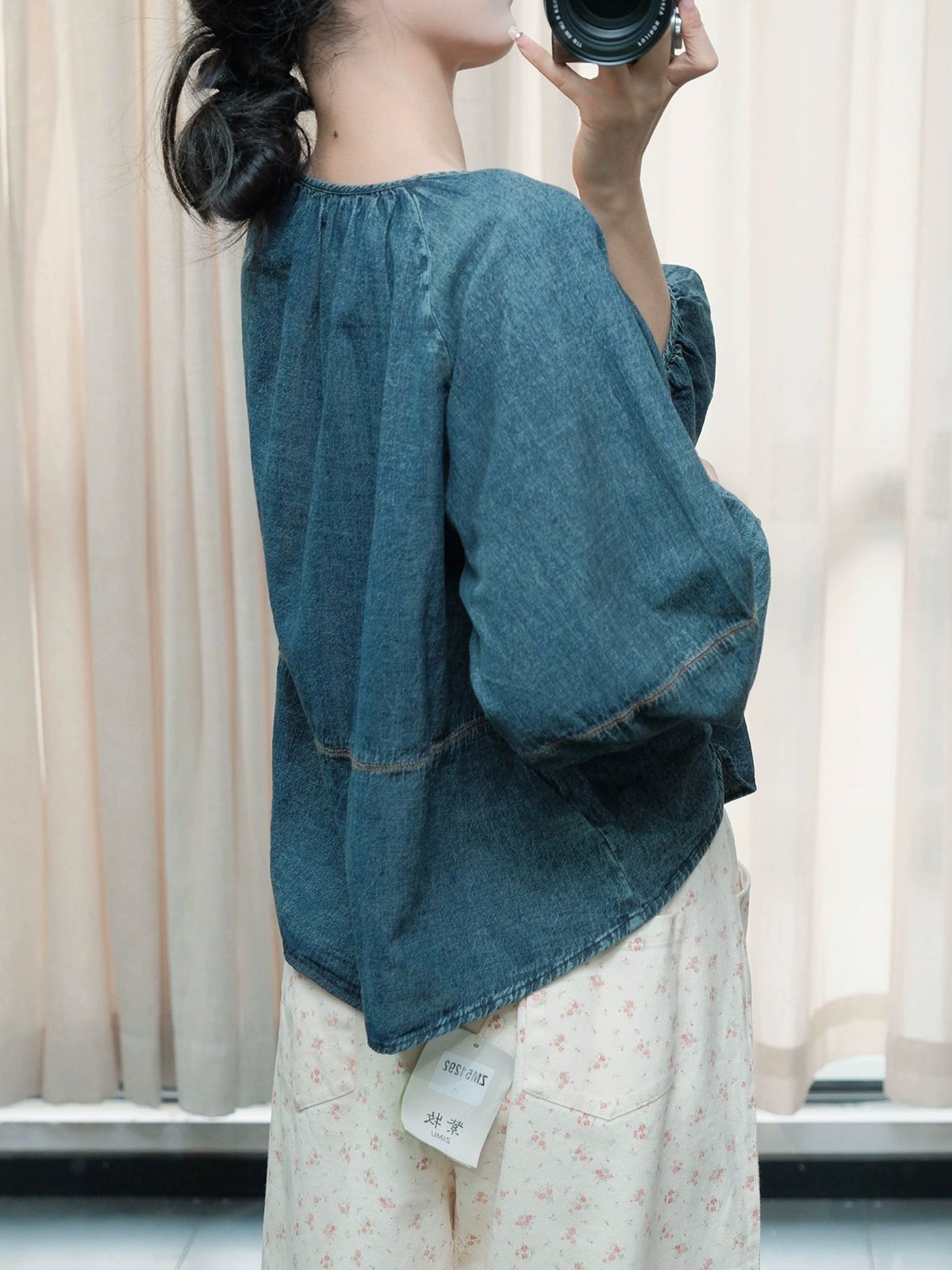 Babakud Retro Denim Round Neck Loose Casual Shirt