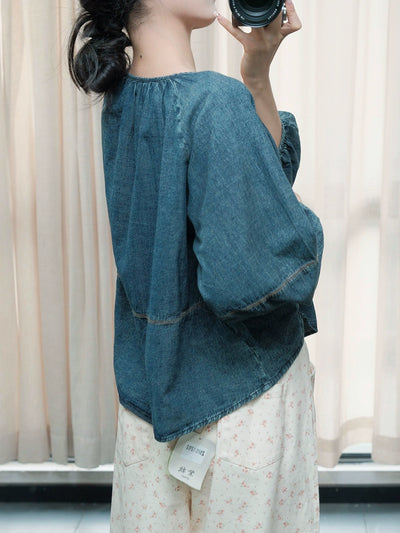 Babakud Retro Denim Round Neck Loose Casual Shirt