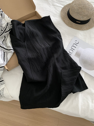 Women Casual Linen Patchwork V-Neck Sleeveless Tops