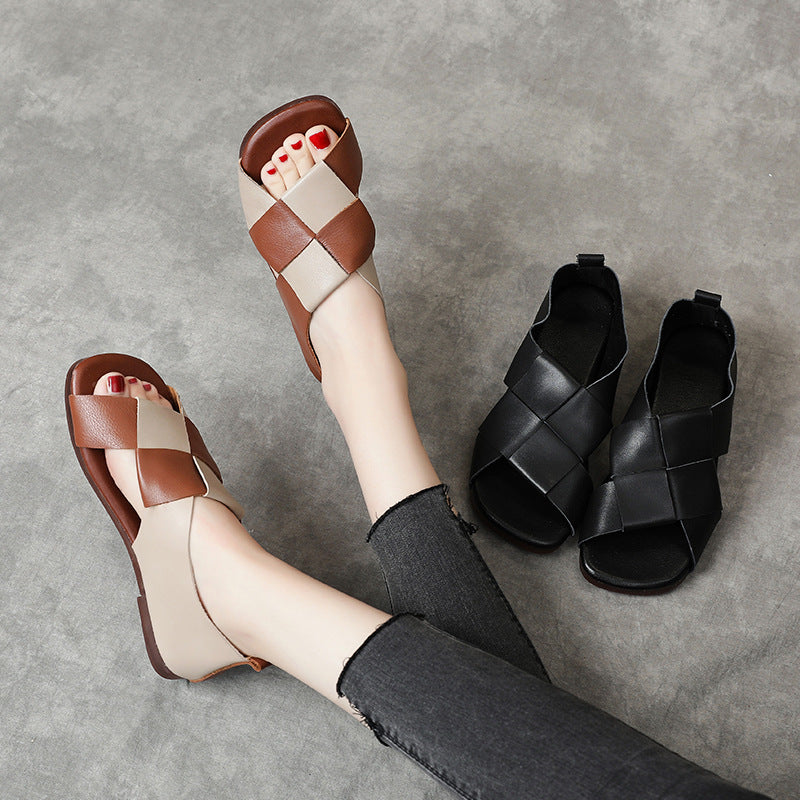 Women Retro Leather Casual Patchwork Open Toe Flat Sole Sandals