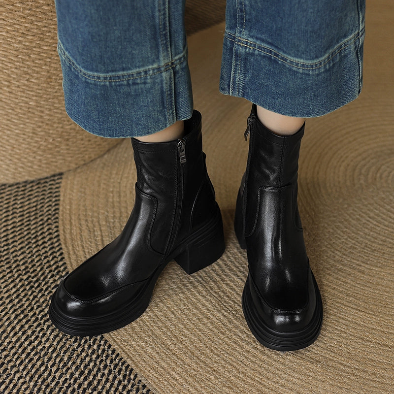 Autumn Genuine Leather Casual Soft Sole Round Toe Chunky Boots