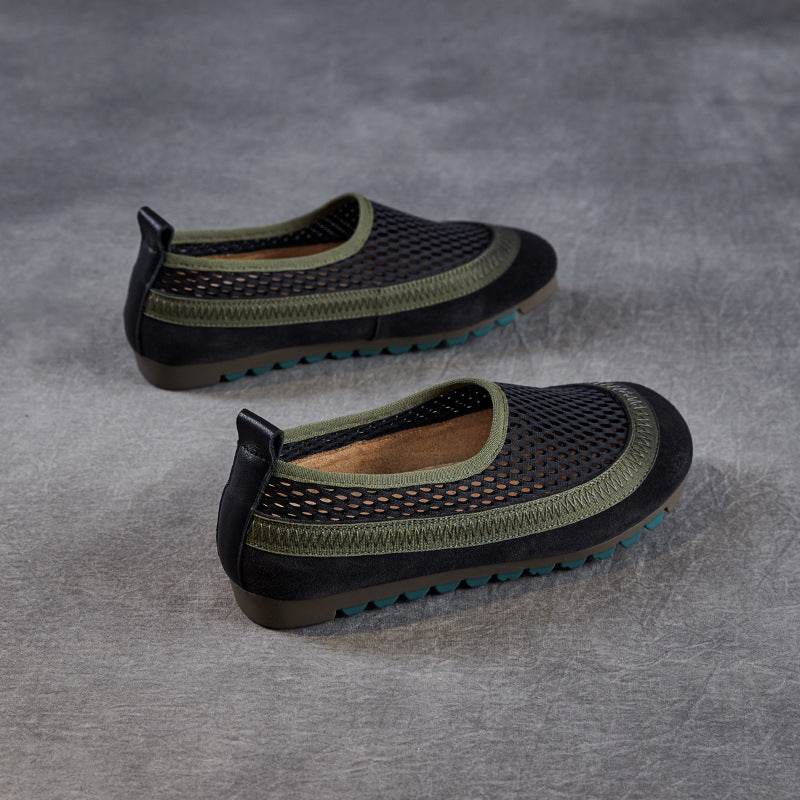 Women Summer Retro Leather Mesh Hollow Soft Flats