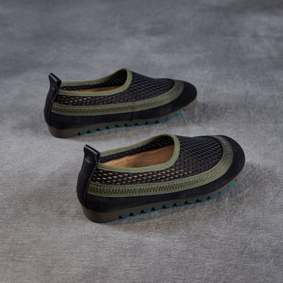 Women Summer Retro Leather Mesh Hollow Soft Flats