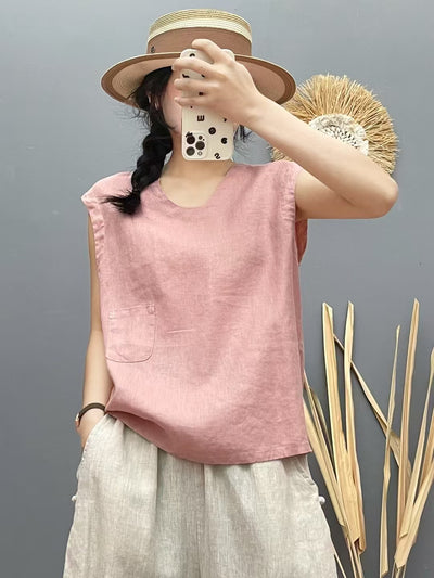 Women Summer Linen Round Neck Sleeveless Solid Color Vest