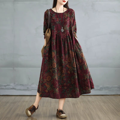 Women Autumn Retro Cotton-Linen Plus Size Printed Floral A-Line Dress