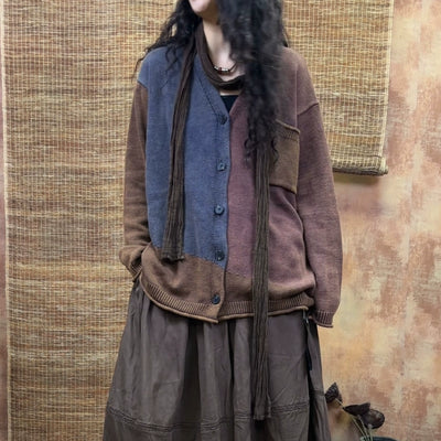 Autumn Retro Cotton V-Neck Casual Loose Patchwork Cardigans