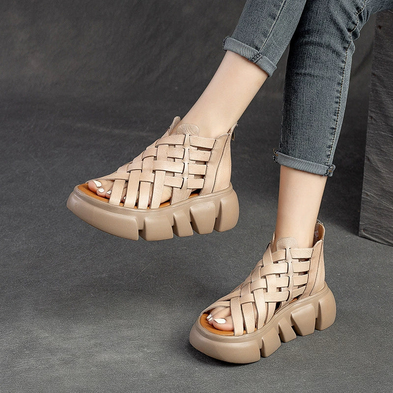 Babakud Retro Leather Breathable Woven Open Toe Platform Sandals