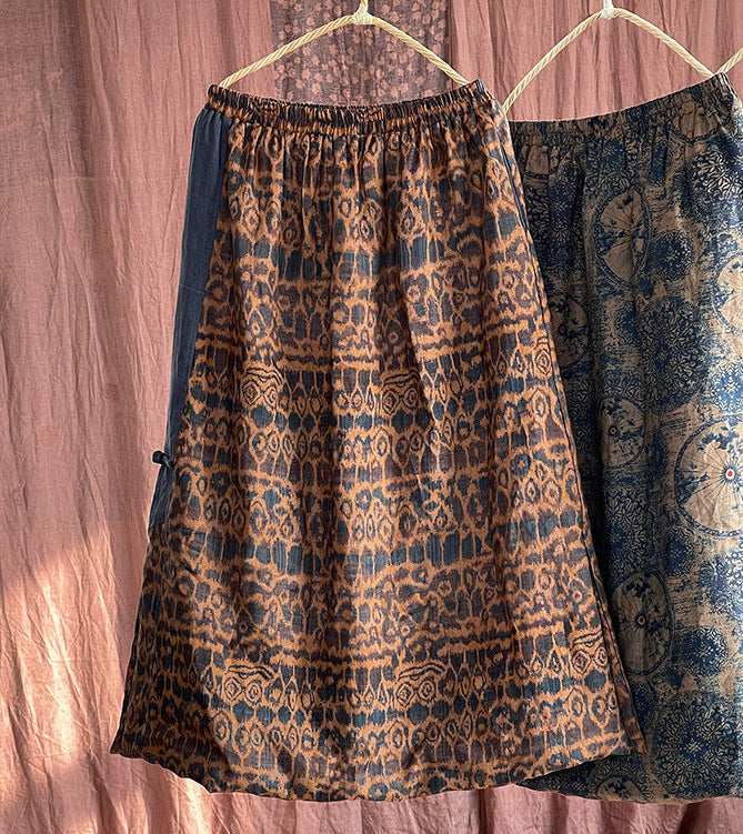 Ethnic Printed Slit Warm Padded Cotton Linen Midi Skirt