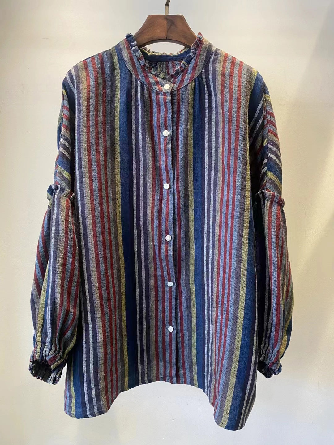 Ladies Loose Plaid Striped Ruffled Single-Breasted Linen Shirt
