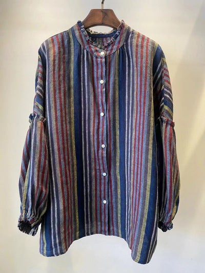 Ladies Loose Plaid Striped Ruffled Single-Breasted Linen Shirt