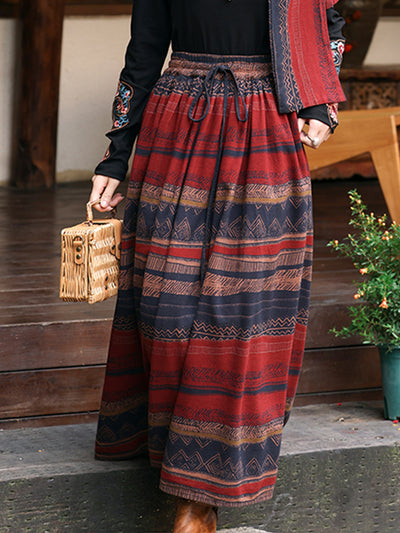 Fashion Ethnic Style Printed Contrast Color Cotton Linen Skirt