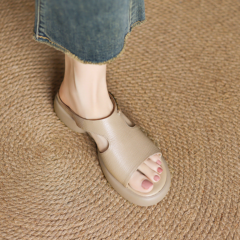Summer Sheepskin Leather Open Toe Casual Chunky Shoes
