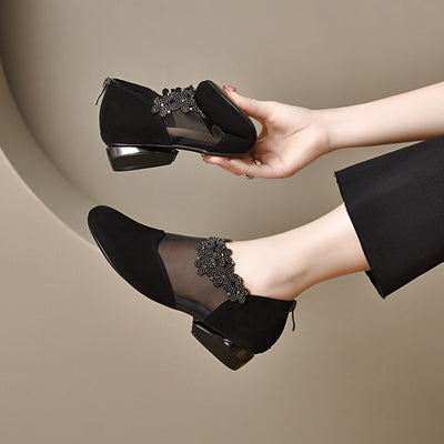 Genuine Leather Mesh Elegant Diamonds Floral Shoes