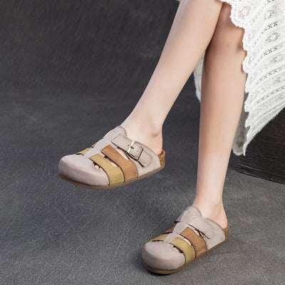 Women Casual Buckled Colorful Straps Retro Leather Slippers