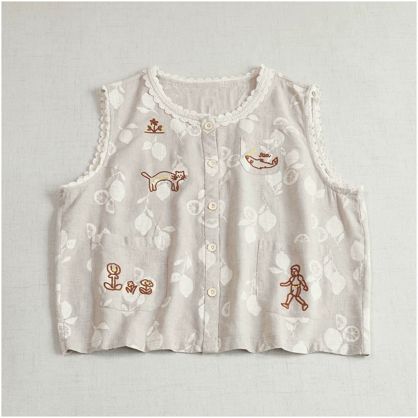 Summer Cute Cotton Round Neck Sleeveless Embroidered Vest