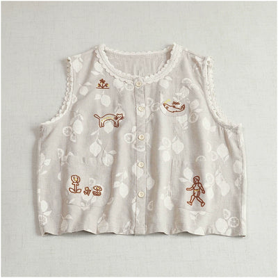 Summer Cute Cotton Round Neck Sleeveless Embroidered Vest