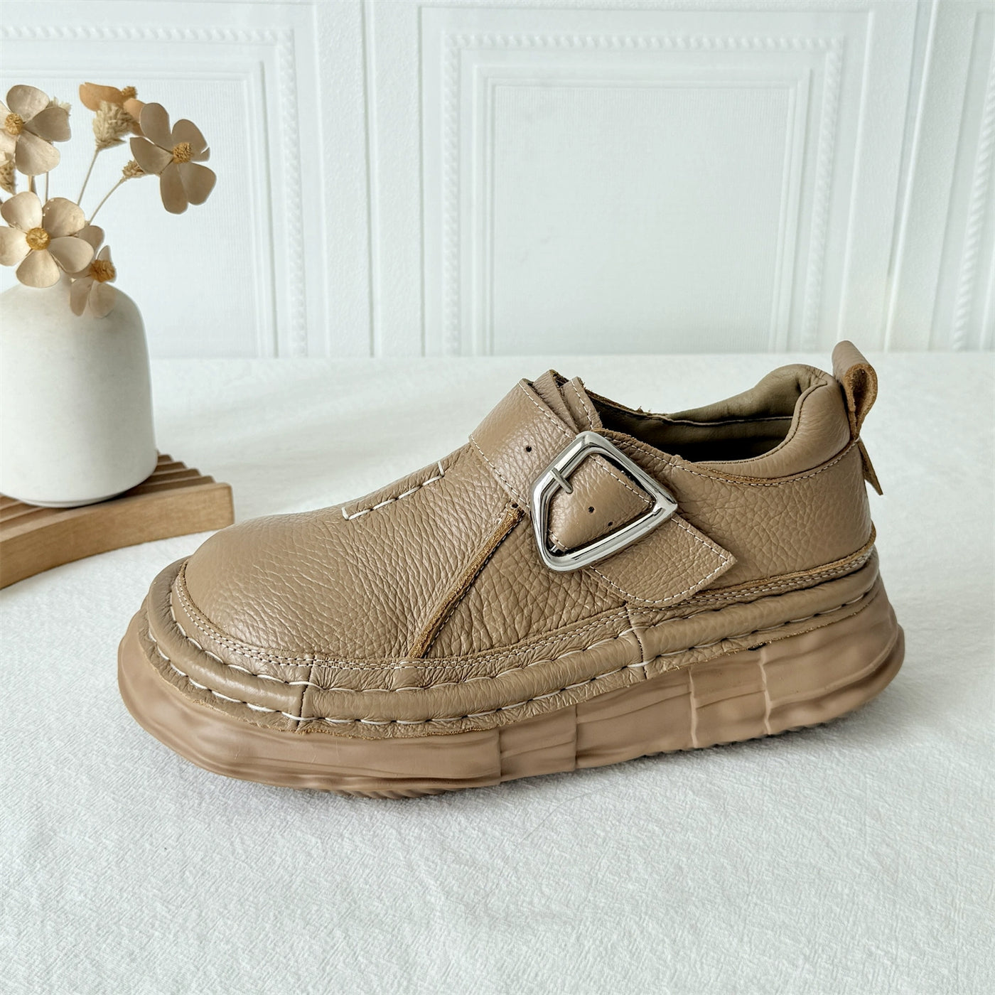 Women Casual Leather Platform Wide Toe Slip-On Shoes