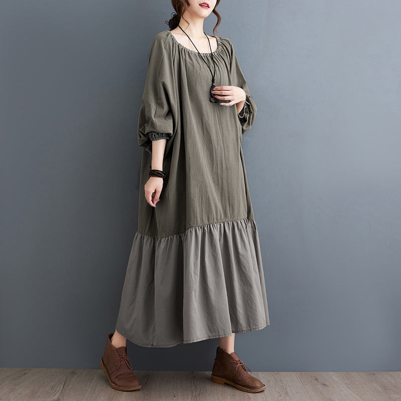 Green Ruffled Drawstring Lantern Sleeves Cotton Linen Dresses