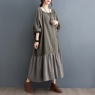 Green Ruffled Drawstring Lantern Sleeves Cotton Linen Dresses