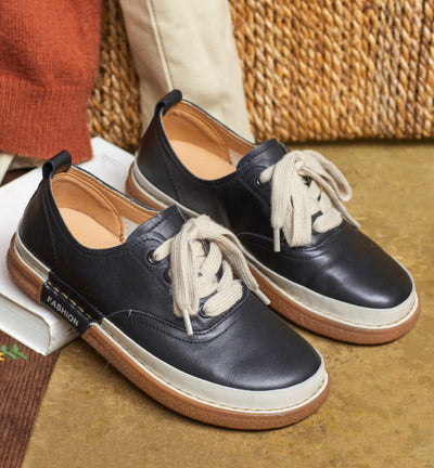 Women Genuine Leather Round Toe Lace-Up Flat Casual Shoes