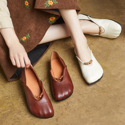 Women Spring Elegant Beaded Retro Soft Leather Loafers