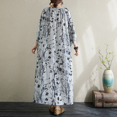 Spring Cotton Comfortable Plus Size Printed Lantern Sleeves Dress