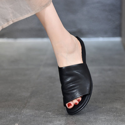 Women Summer Leather Casual Soft Flat Sole Open Toe Slippers