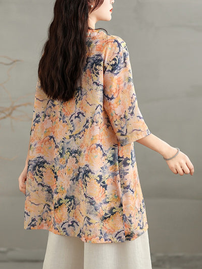 Ladies Retro Printed Loose V-Neck Mid-Length Cotton Linen T-Shirt
