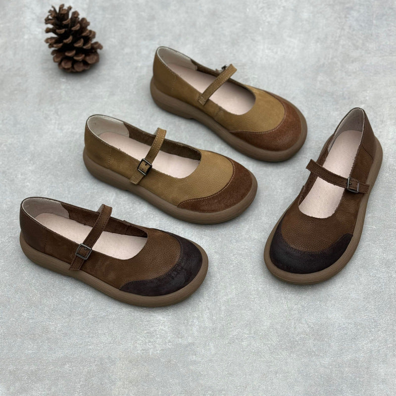 Women Retro Contrast Round Toe One-Strap Mary Jane Shoes