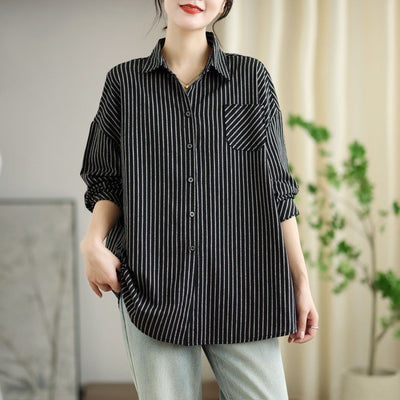Babakud Retro Cotton Striped Casual Loose Patchwork Shirt