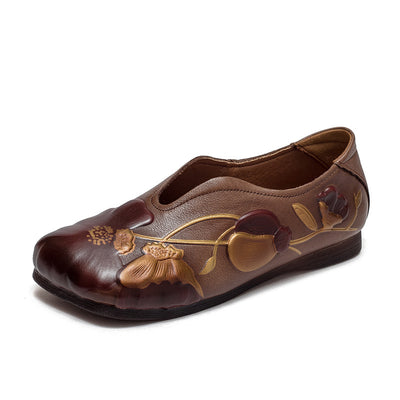 Women Retro Leather Casual Printed Shallow Slip-On Flat Shoes